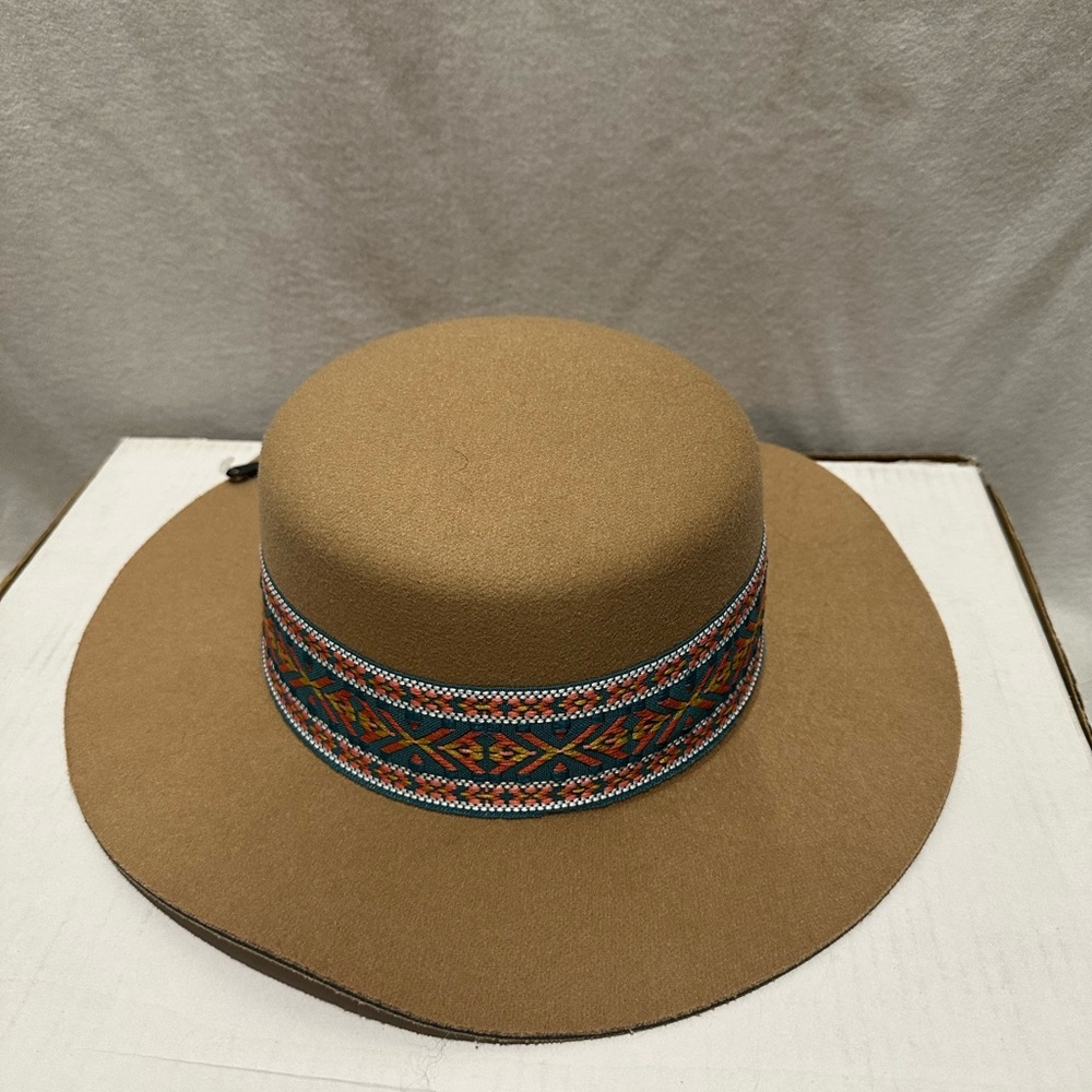 Suede Tan Wide-Brim Hat with Colorful Band